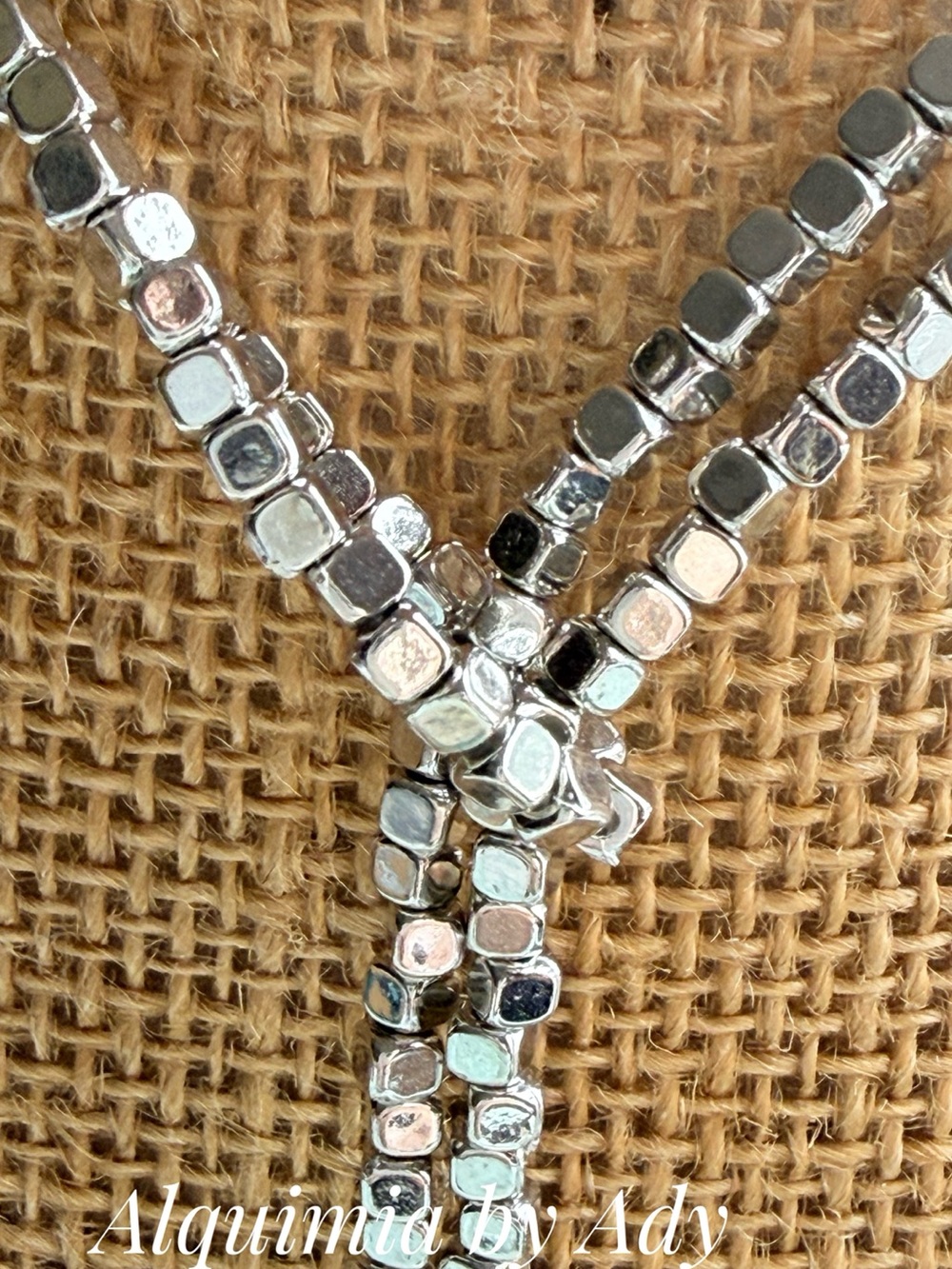 EXAGGERATED LARIAT Silver Faceted Bead Wrap Necklace with silver shell 🐚 tips - Picture 2 of 4